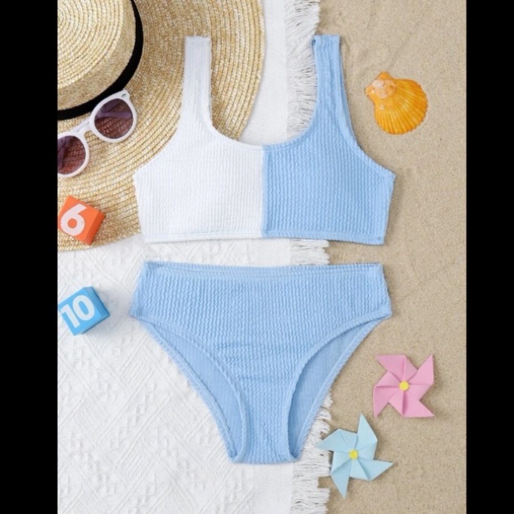 Girls Blue and White Textured Bikini Swimsuit